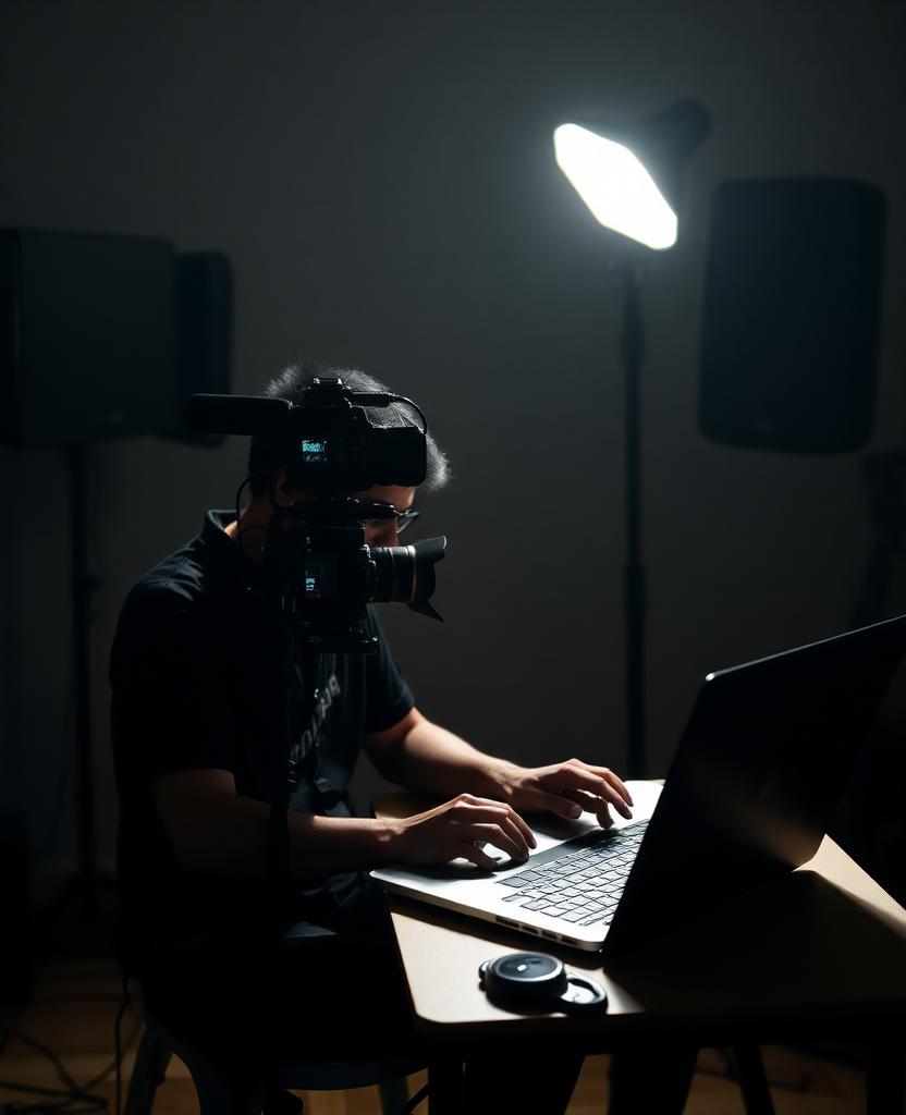 Profissional brasileiro operando notebook e equipamentos de filmagem em estúdio