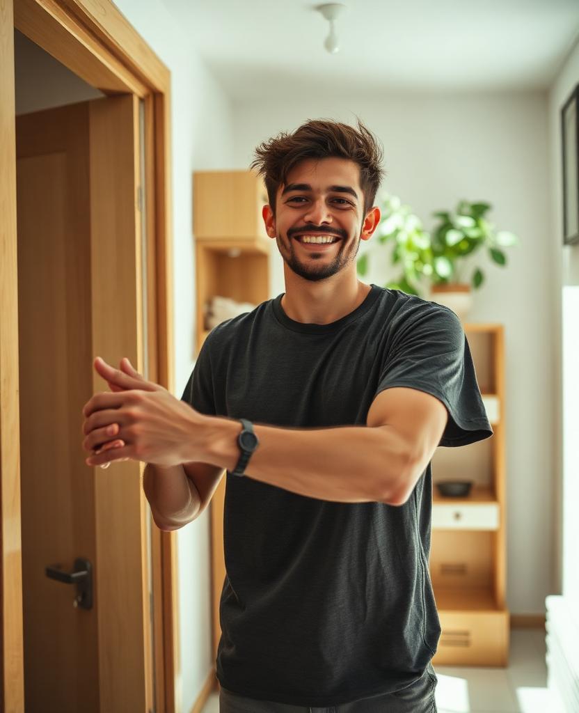 Jovem brasileiro recebendo as chaves do novo apartamento