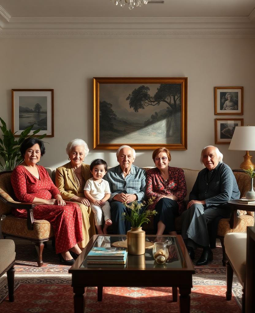 Família brasileira multigeracional reunida em sala sofisticada