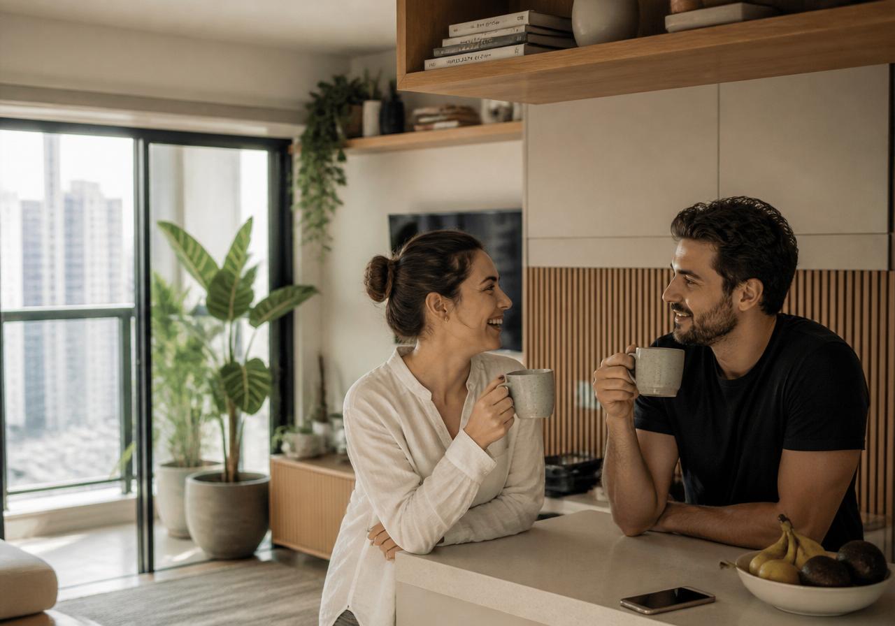 Casal brasileiro tomando café em uma cozinha moderna com vista para a cidade