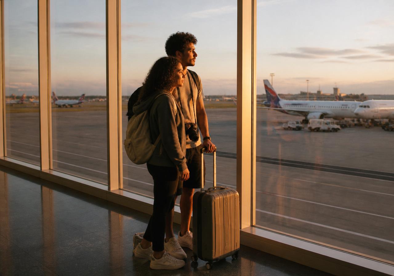 Casal jovem observando aviões em um terminal de aeroporto ao pôr do sol