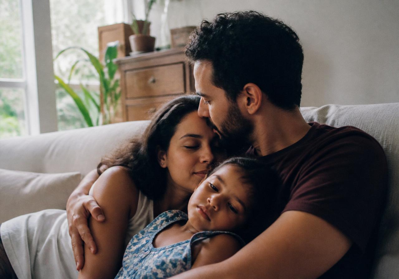 Pai brasileiro abraçando esposa e filha pequena em uma sala aconchegante